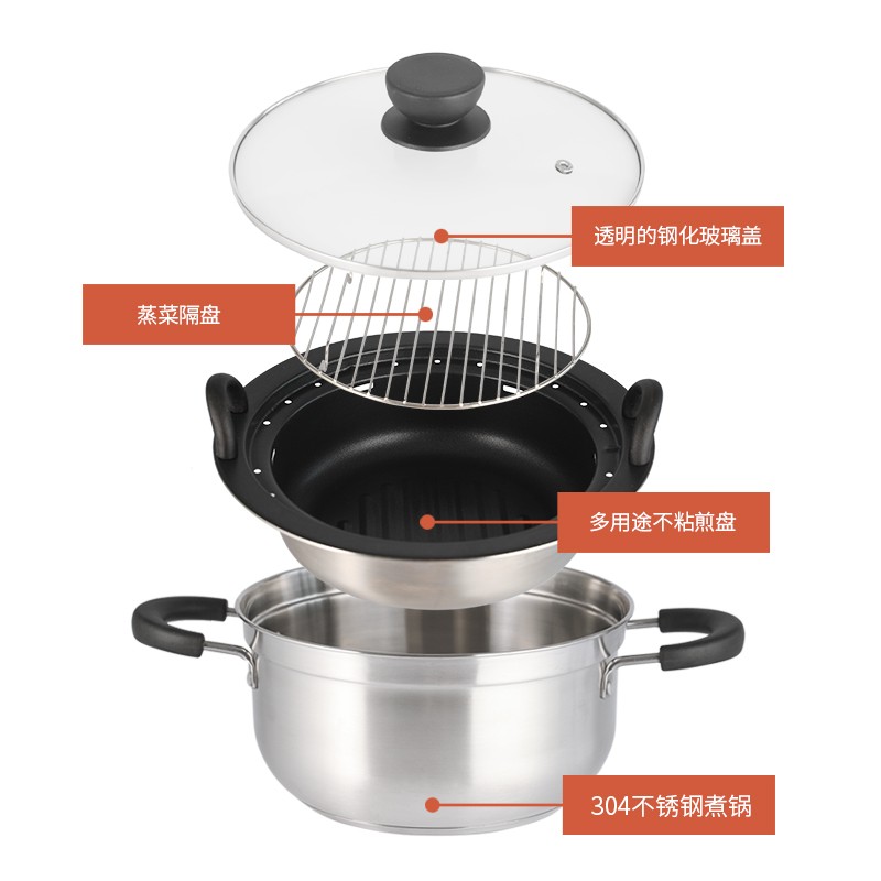 22cm stainless steel 18/8 multi-use pot with non-stick fry pan图2