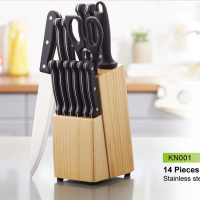14pcs Stainless steel Kitchen Knife set PP Plastic handle wooden block knife set