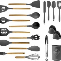 18pcs Silicone Kitchen Utensils Set, Kitchen Cooking Utensils Set with Holder, Wooden Handle Silicon