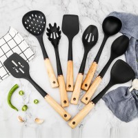 8Pcs Black Non-stick Silicone Cooking Kitchen Utensils Spatula Set With Wooden Handle Kitchen Gadget