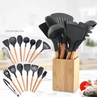 Food grade 17pieces non-stick silicone kitchen utensils set kitchen cooking tools with wooden handle