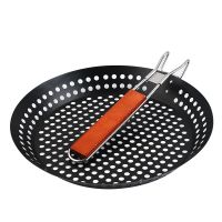 Folding Wooden Handle Round BBQ Pan Nonstick Paint Vegetable BBQ Basket BBQ Drainer BBQ Meat Pan BBQ