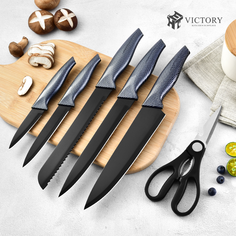 Amazon Hot Selling Stainless Steel Kitchen Bread Chef Knives Set With Knife Holder Black Kitchen Kni图2