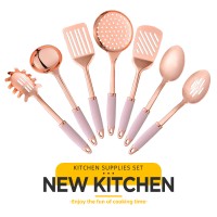 Amazon Hot Selling Non-stick Pan 7pcs Rose Gold Stainless Steel Handle Cooking Kitchen Utensil Set