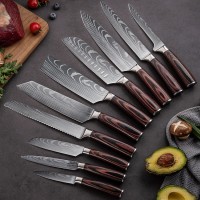 Hot sale pakka wood handle stainless steel damascus laser blade knife tool kitchen knife set