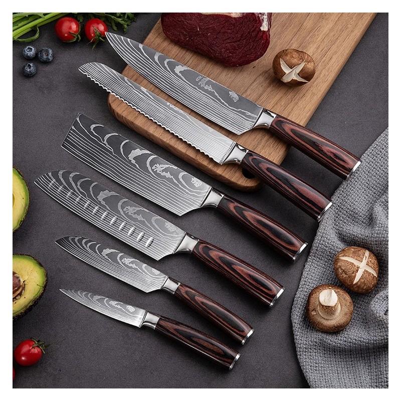 Hot sale pakka wood handle stainless steel damascus laser blade knife tool kitchen knife set图3