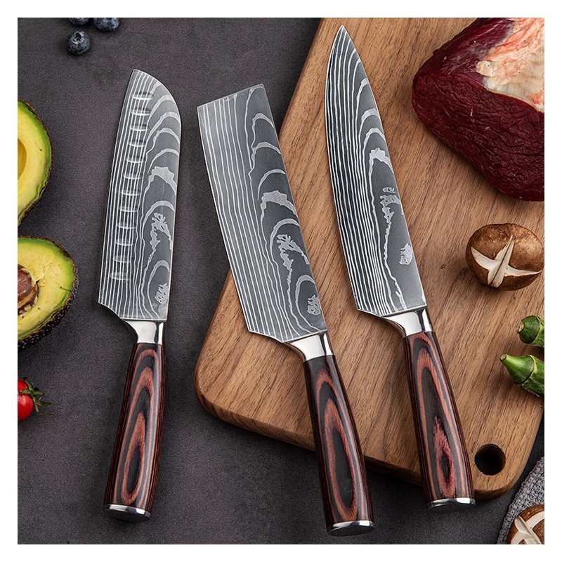 Hot sale pakka wood handle stainless steel damascus laser blade knife tool kitchen knife set图4