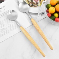 2PC-Pack Beech Wood Long Handle Salad Server Spoon Fork Matt Stainless Steel Tableware Salad Spoon F