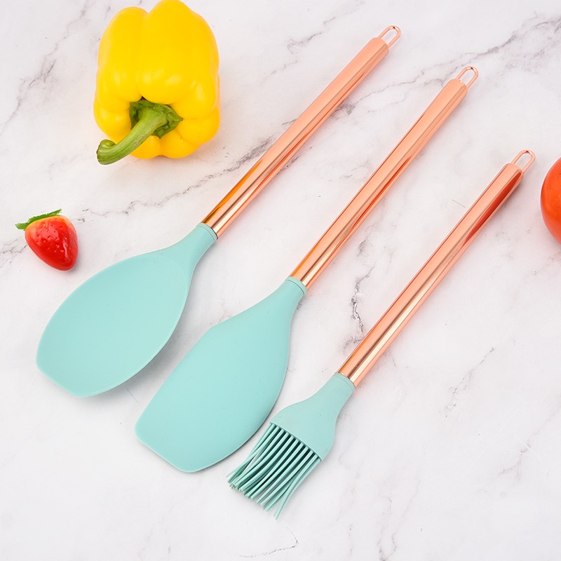Rose Gold 9PC Silicone Cuisine Utensil Set Copper Plated Stainless Steel Handle Food Grade Cooking S图4