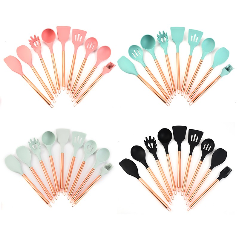 Rose Gold 9PC Silicone Cuisine Utensil Set Copper Plated Stainless Steel Handle Food Grade Cooking S图5