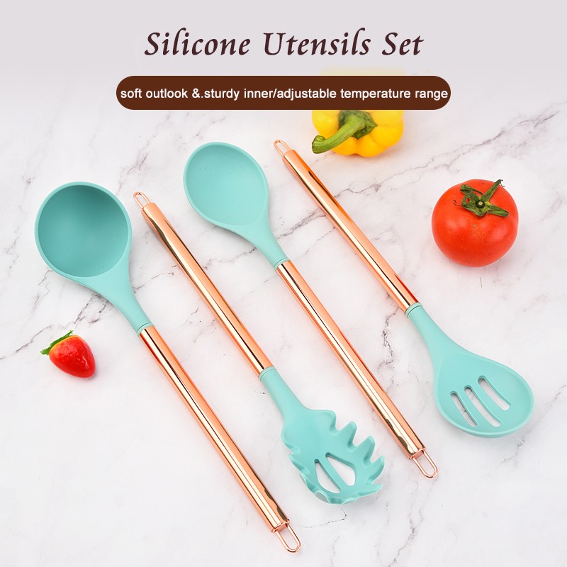 Rose Gold 9PC Silicone Cuisine Utensil Set Copper Plated Stainless Steel Handle Food Grade Cooking S图3