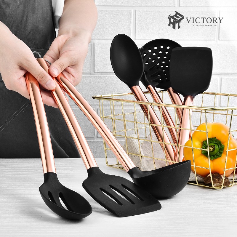 7pcs Silicone Kitchen Cooking Tools Stainless Steel Kitchen Rose Gold Utensils Set图3