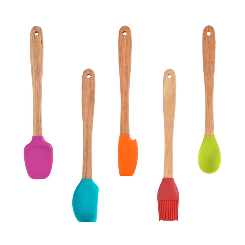 Custom New 5PCS Bamboo Handle Silicone Mini Kitchen Cooking Baking Spatula Set For Kids图9