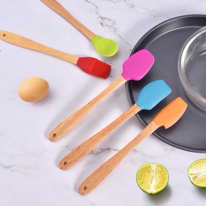 Custom New 5PCS Bamboo Handle Silicone Mini Kitchen Cooking Baking Spatula Set For Kids图8