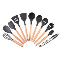 New product Ins style reusable silicone 12-piece kitchen utensil set with wooden handle with stand