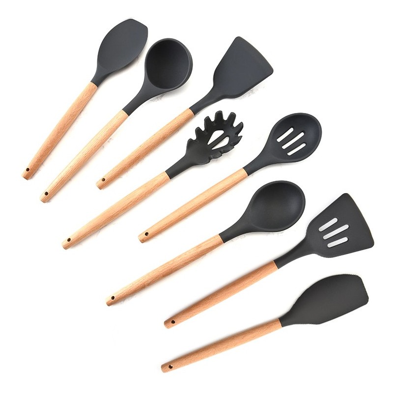 New product Ins style reusable silicone 12-piece kitchen utensil set with wooden handle with stand图2