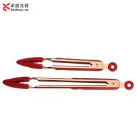 High Quality 12 Inch Stainless Steel Rose Gold Plating Silicone Kitchen Folder Serving Food Tong