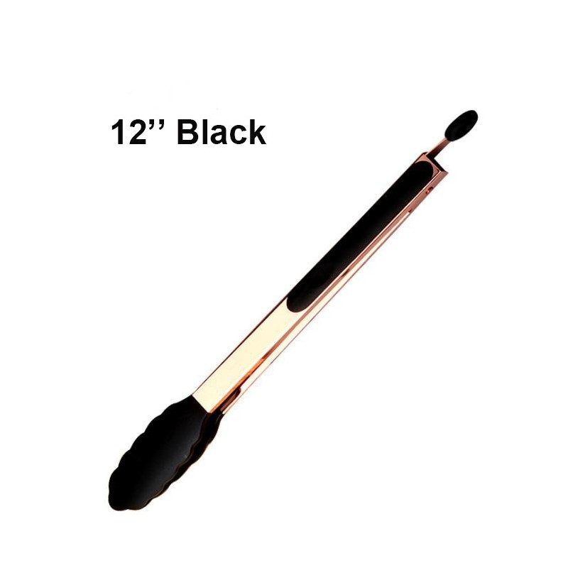 High Quality 12 Inch Stainless Steel Rose Gold Plating Silicone Kitchen Folder Serving Food Tong图7