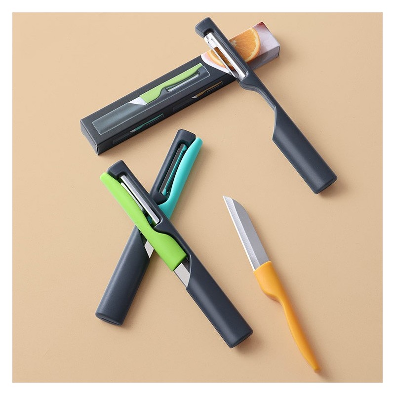 Amazon new multi-functional 2 in 1 fruit knife stainless steel plastic peeler kitchen gadgets图2
