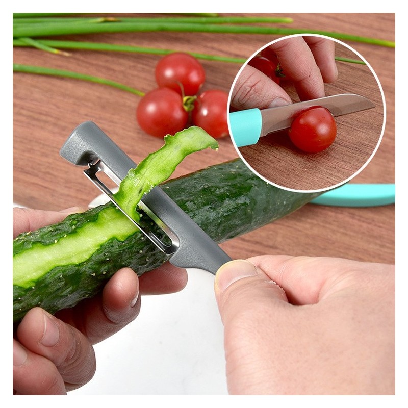 Amazon new multi-functional 2 in 1 fruit knife stainless steel plastic peeler kitchen gadgets图5