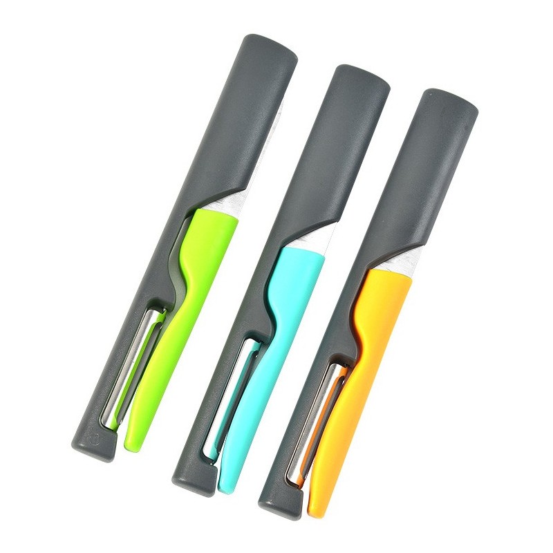Amazon new multi-functional 2 in 1 fruit knife stainless steel plastic peeler kitchen gadgets图6