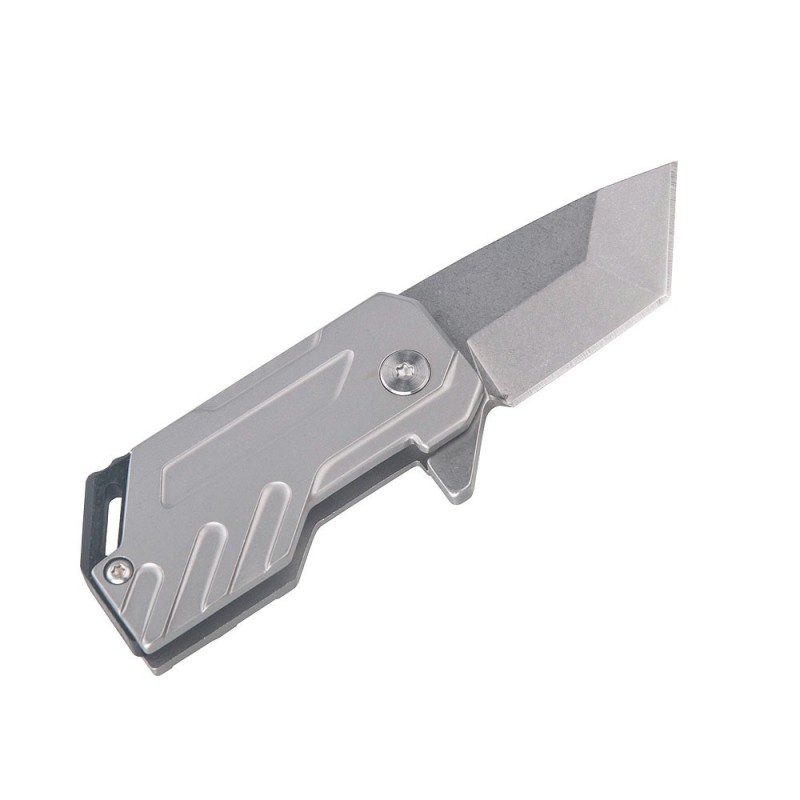 Mini Cleaver Folding Knife, 1 Inch 5R13 Stonewashed Chisel Blade, Stainless Steel Handle图2