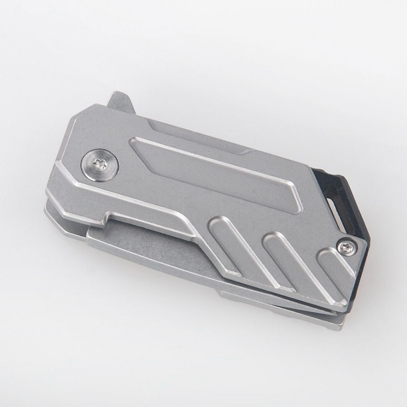 Mini Cleaver Folding Knife, 1 Inch 5R13 Stonewashed Chisel Blade, Stainless Steel Handle图3