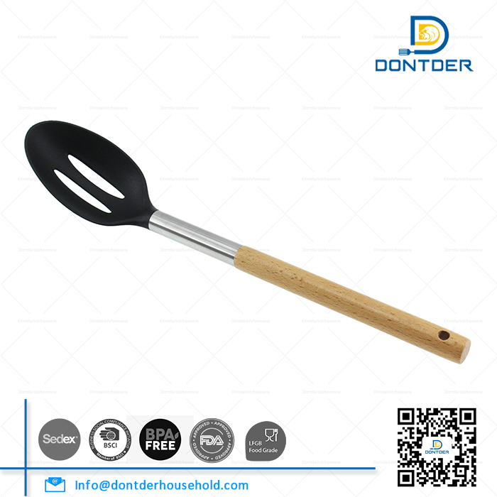 D00006 Nylon Slotted Spoon with Beech Wood Handle1