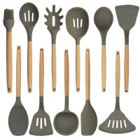 11pcs silicone kitchen accessories kitchen utensil sets with beech Wooden Handle cooking tool
