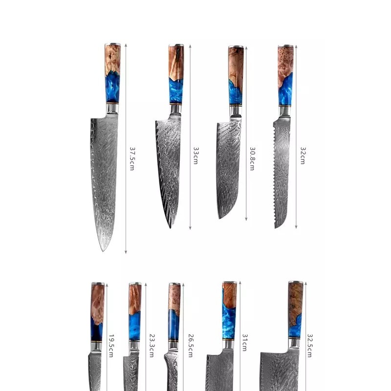 Amazon hot sale Chef Knife sets with Blue Resin Handle Carbon Steel Kitchen knife Damascus Knife set图3
