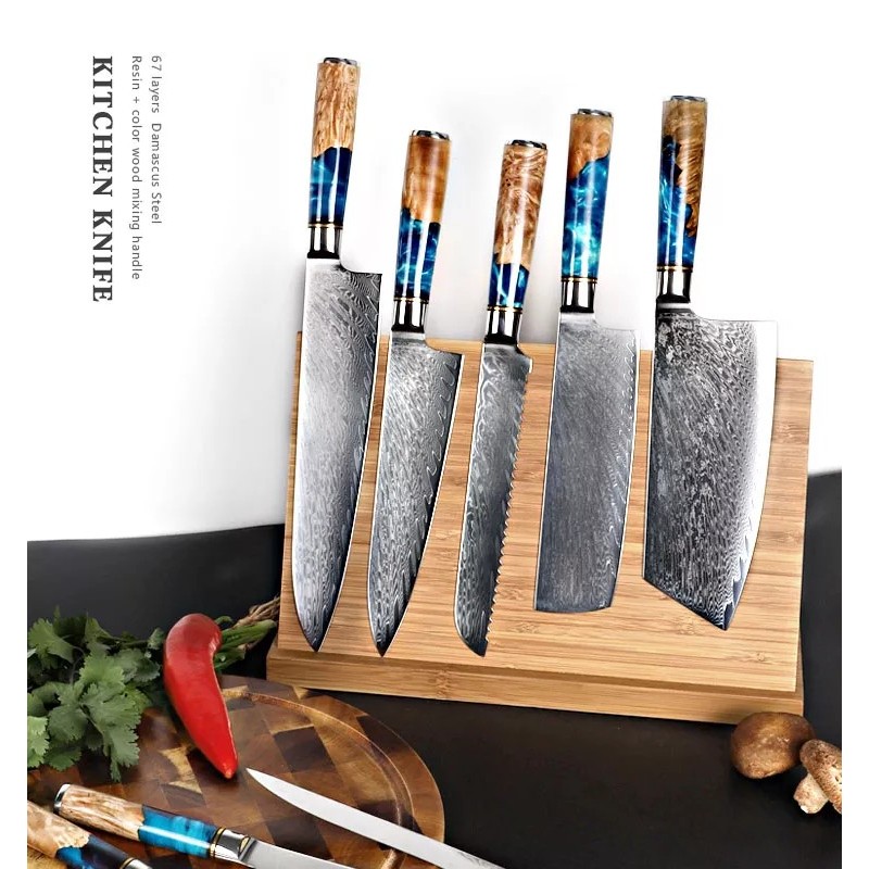 Amazon hot sale Chef Knife sets with Blue Resin Handle Carbon Steel Kitchen knife Damascus Knife set图6