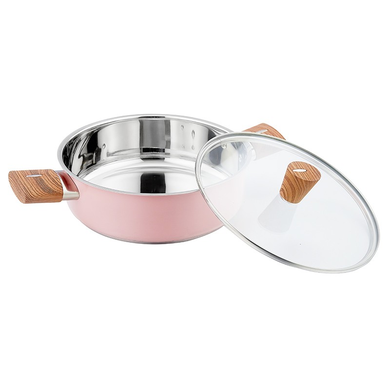 22cm stainless steel 18/8 sprayed low casserole with water transfer printing handles图2