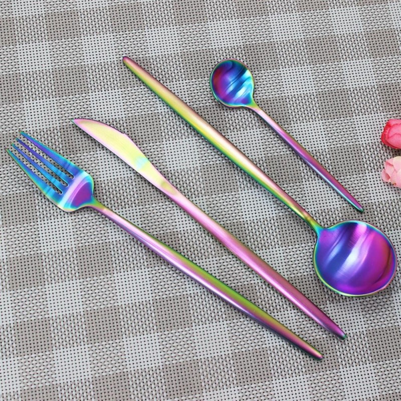 Royal luxury mirror polish rainbow coating 16 or 24 pcs 18/10 stainless steel cutlery fork knife and图2