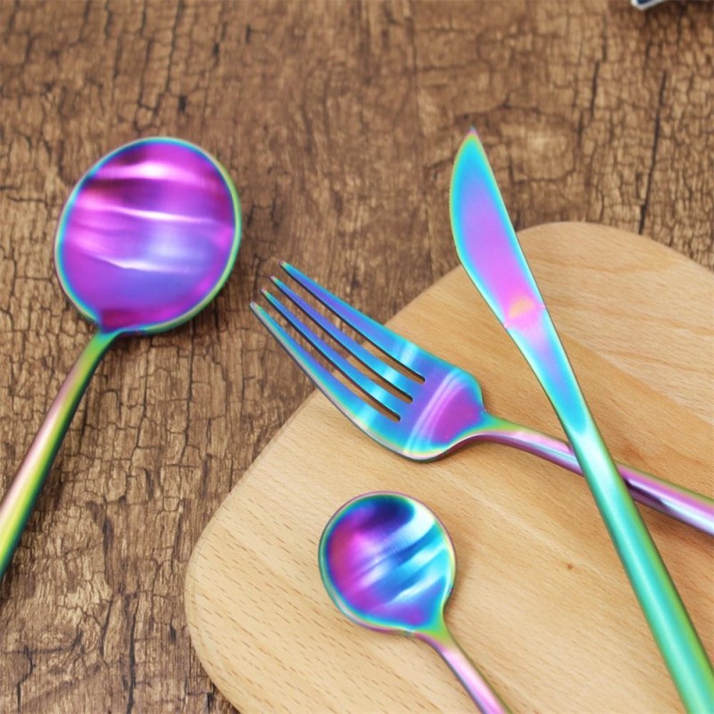 Royal luxury mirror polish rainbow coating 16 or 24 pcs 18/10 stainless steel cutlery fork knife and图3