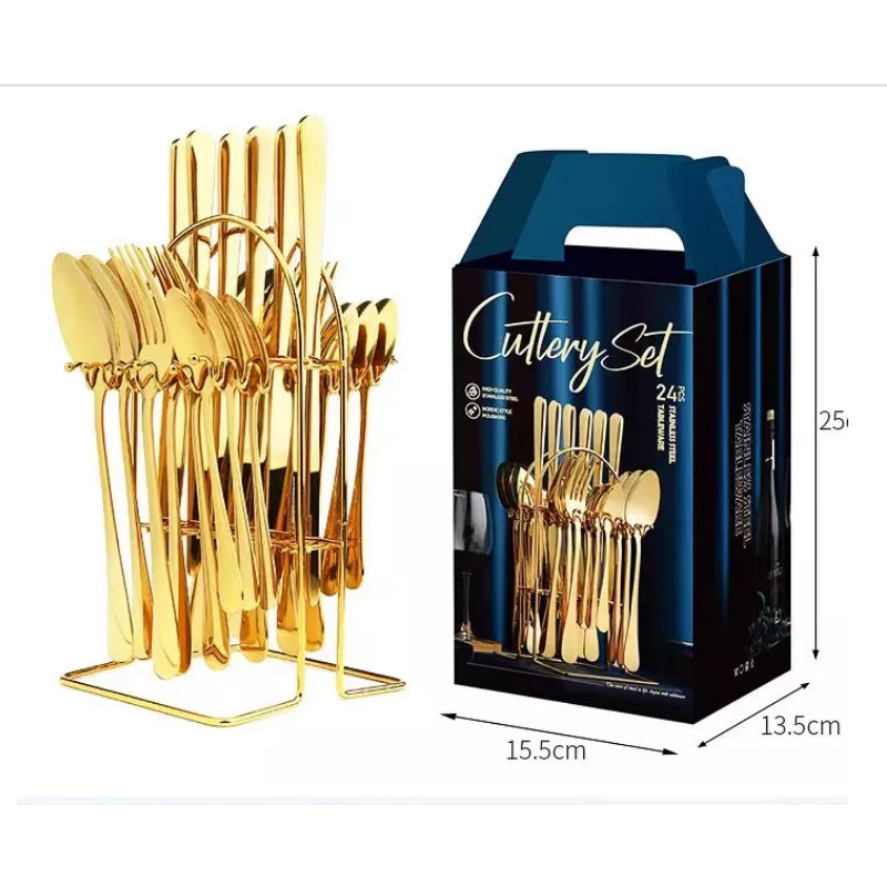 Amazon Best Sell cutlery set stainless steel hanging flatware 24 pcs golden cutlery set With Stand g图4
