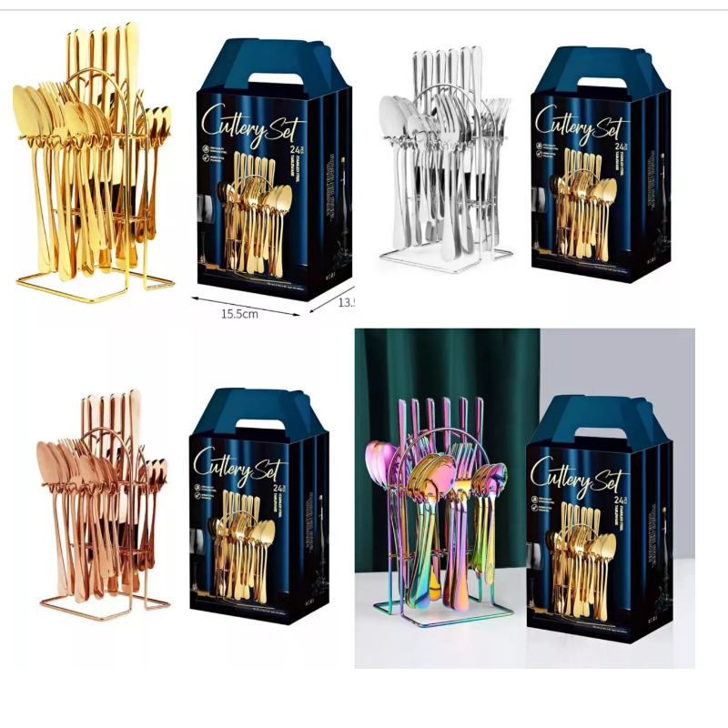 Amazon Best Sell cutlery set stainless steel hanging flatware 24 pcs golden cutlery set With Stand g图5
