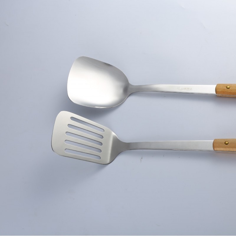 Hot sale 7 pcs cooking kitchen tools wood handle utensils stainless steel kitchenware with holder图3