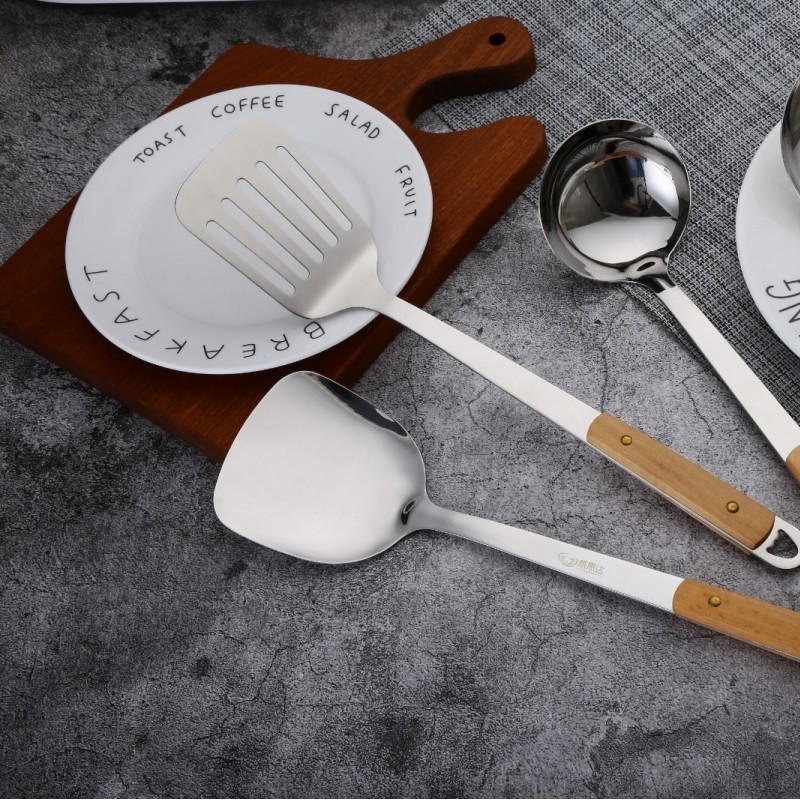 Hot sale 7 pcs cooking kitchen tools wood handle utensils stainless steel kitchenware with holder图2