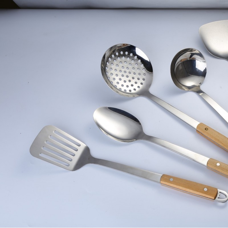 Hot sale 7 pcs cooking kitchen tools wood handle utensils stainless steel kitchenware with holder图5