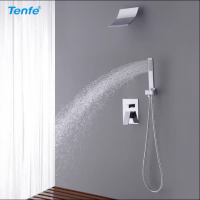 Tenfe shower system wall mounted chrome shower faucet set with brass waterfall shower head and handh