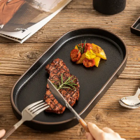 Wholesale Restaurant Hotel Steak Sushi Food Dishware Dinnerware Oval Tray Black Clay Dish Ceramic Pl