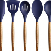New Design Non-Stick Utensils Silicone Kitchen Set With Natural Acacia Hard Wood Handle Grey Cooking