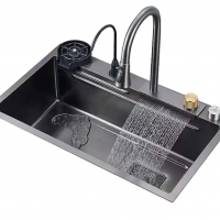 Contemporary New Nano Black Kitchen Sink Pullout Faucet Waterfall Overmount RV Stainless Steel with 